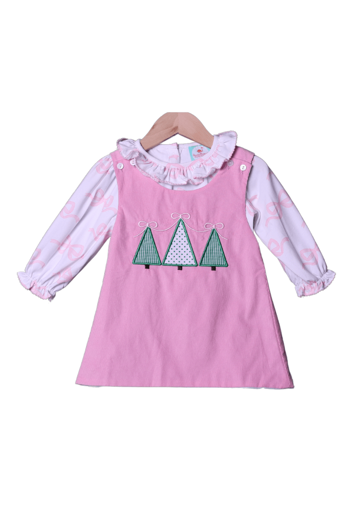 The Smocked Flamingo Apparel & Accessories Applique Reversible Turkey/Christmas Tree Corduroy Dress Set