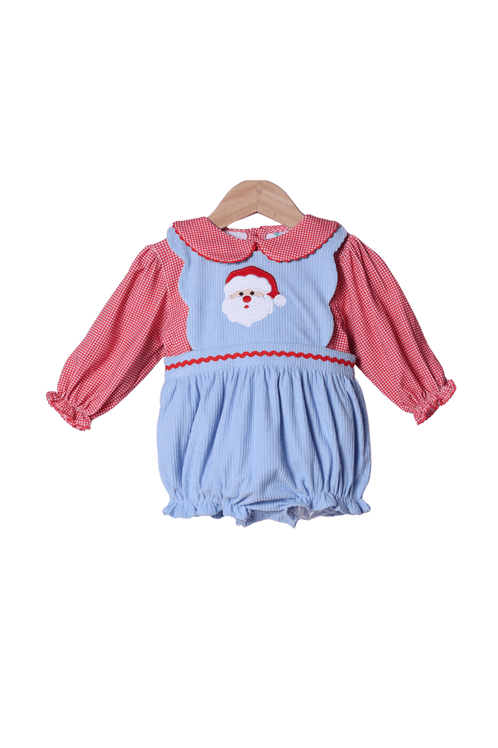 The Smocked Flamingo Apparel & Accessories Applique Santa Blue Corduroy Red Gingham 2pc Bubble