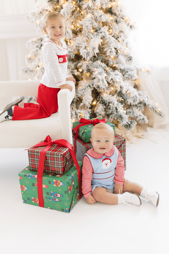 The Smocked Flamingo Apparel & Accessories Applique Santa Blue Corduroy Red Gingham 2pc Jon Jon