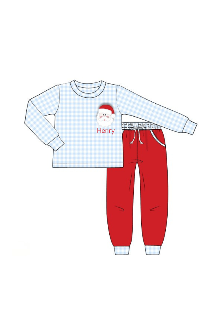 The Smocked Flamingo Apparel & Accessories Applique Santa Blue Gingham Knit Santa Jogger Set