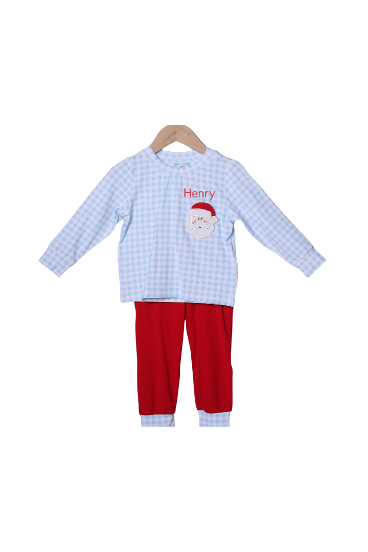 The Smocked Flamingo Apparel & Accessories Applique Santa Blue Gingham Knit Santa Jogger Set