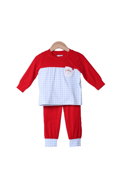 The Smocked Flamingo Apparel & Accessories Applique Santa Blue/Red Gingham Jogger Set