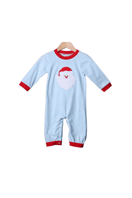 The Smocked Flamingo Apparel & Accessories Applique Santa Blue Stripe/Red Romper