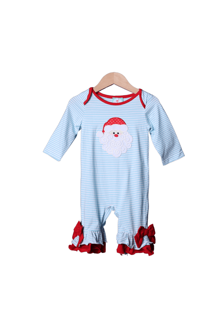 The Smocked Flamingo Apparel & Accessories Applique Santa Blue Stripe/Red Ruffle Romper