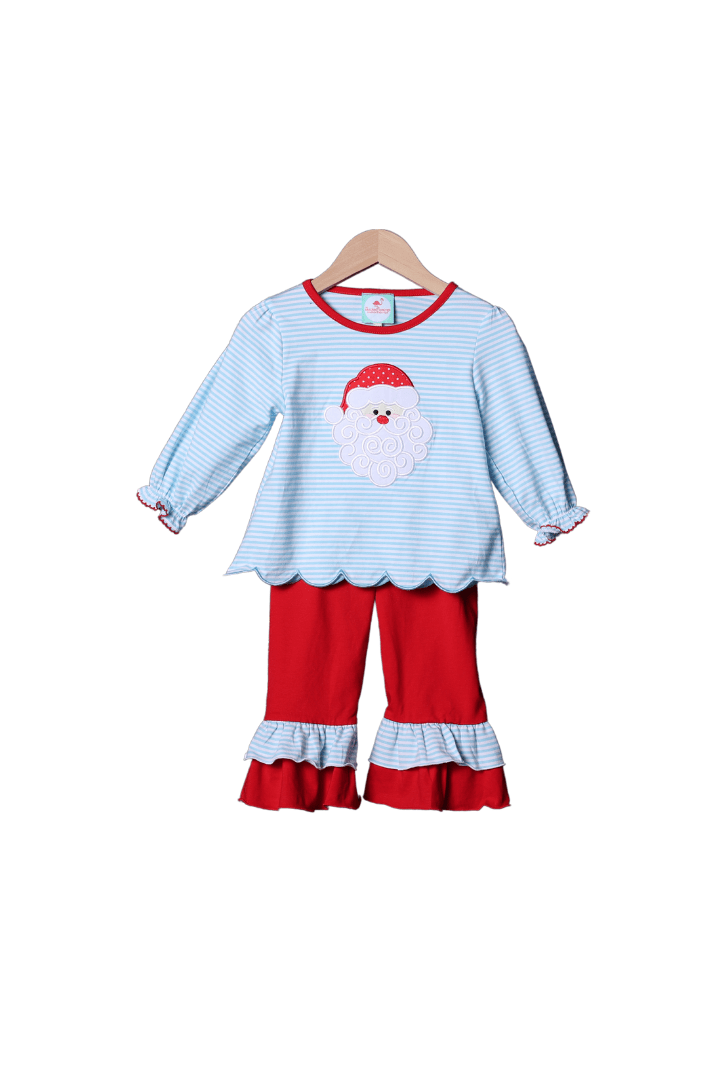 The Smocked Flamingo Apparel & Accessories Applique Santa Blue Stripe/Red Scalloped Pant Set