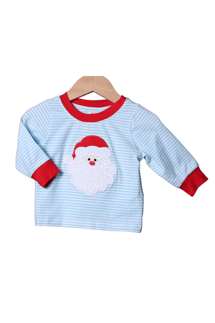 The Smocked Flamingo Apparel & Accessories Applique Santa Blue Stripe/Red Shirt