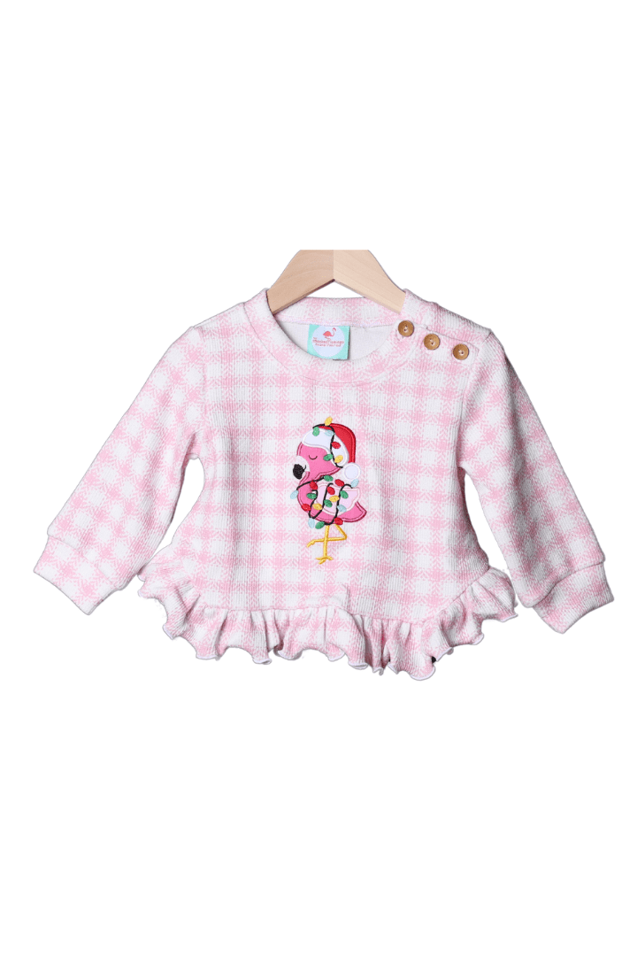 The Smocked Flamingo Apparel & Accessories Applique Santa Flamingo Pink Gingham Cardigan Pullover