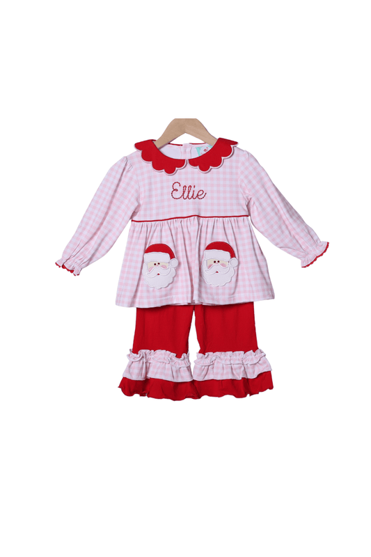 The Smocked Flamingo Apparel & Accessories Applique Santa Pink Gingham Ruffle Pant Set