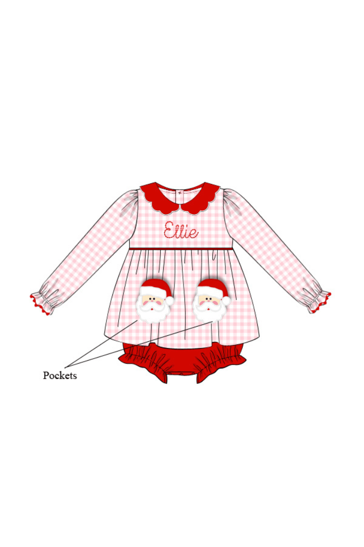 The Smocked Flamingo Apparel & Accessories Applique Santa Pink Gingham Skirted Bubble