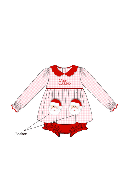 The Smocked Flamingo Apparel & Accessories Applique Santa Pink Gingham Skirted Bubble