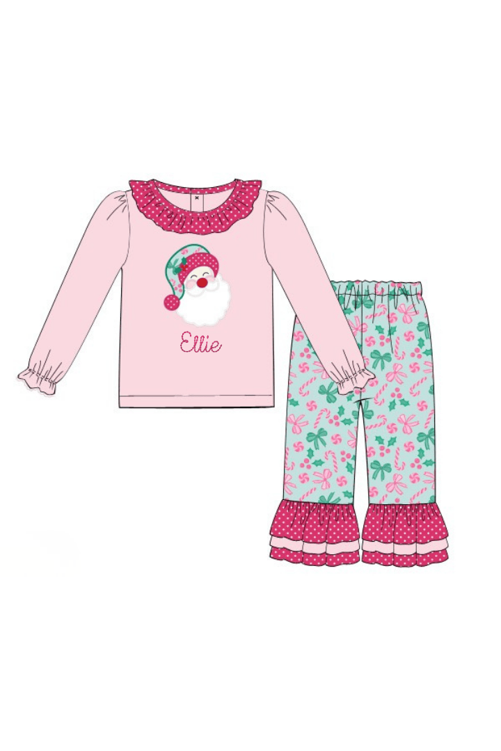 The Smocked Flamingo Apparel & Accessories Applique Santa Pink Ruffle Pant Set