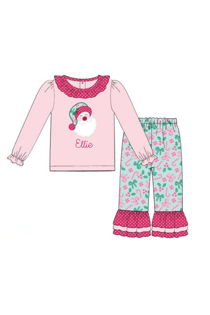 The Smocked Flamingo Apparel & Accessories Applique Santa Pink Ruffle Pant Set