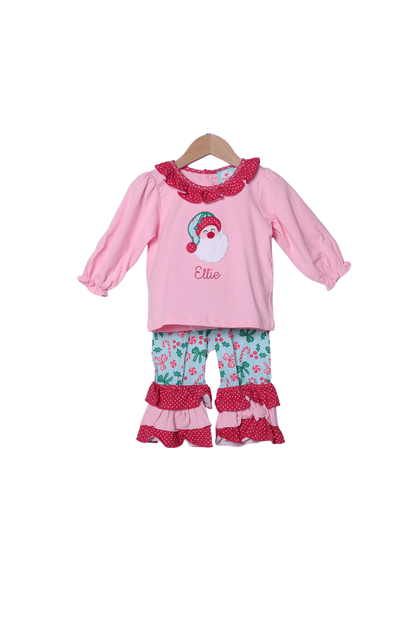 The Smocked Flamingo Apparel & Accessories Applique Santa Pink Ruffle Pant Set
