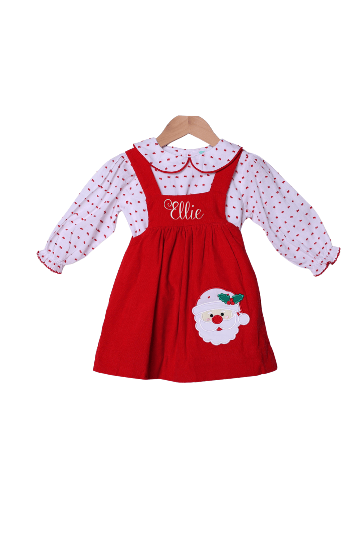 The Smocked Flamingo Apparel & Accessories Applique Santa Red Corduroy 2pc Dress