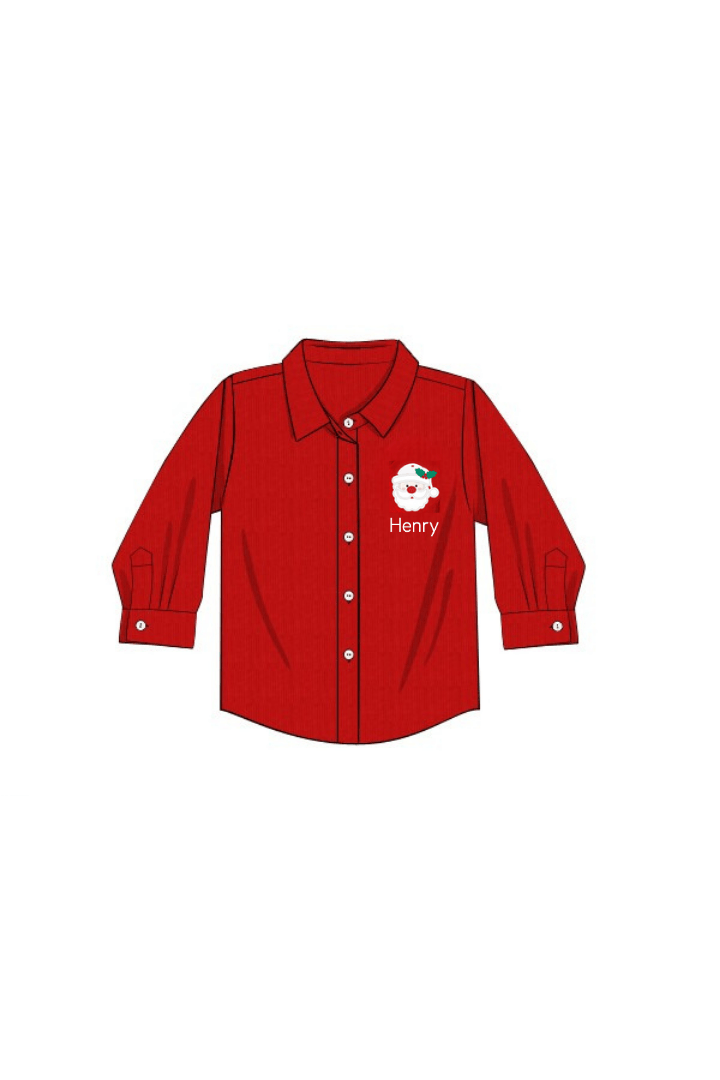 The Smocked Flamingo Apparel & Accessories Applique Santa Red Corduroy Button Down