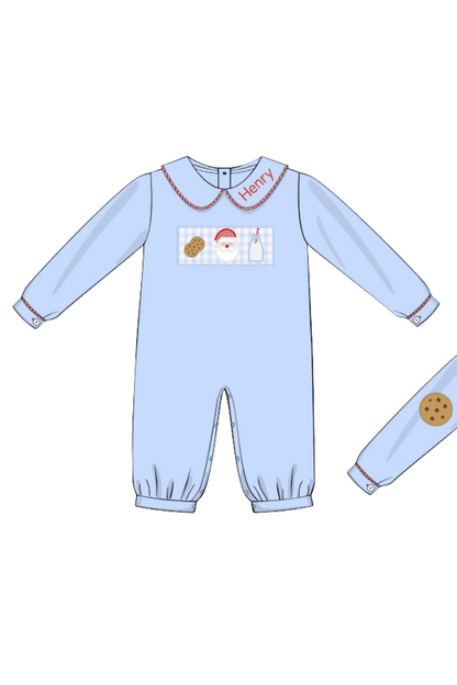 The Smocked Flamingo Apparel & Accessories Applique Santa's Cookies Blue Romper