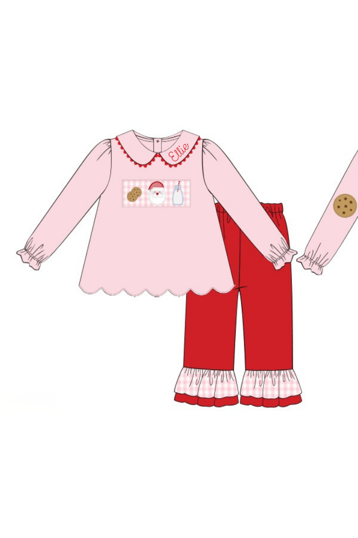 The Smocked Flamingo Apparel & Accessories Applique Santa's Cookies Ruffle Pink and Red Pant Set
