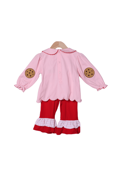The Smocked Flamingo Apparel & Accessories Applique Santa's Cookies Ruffle Pink and Red Pant Set