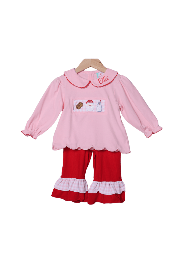The Smocked Flamingo Apparel & Accessories Applique Santa's Cookies Ruffle Pink and Red Pant Set