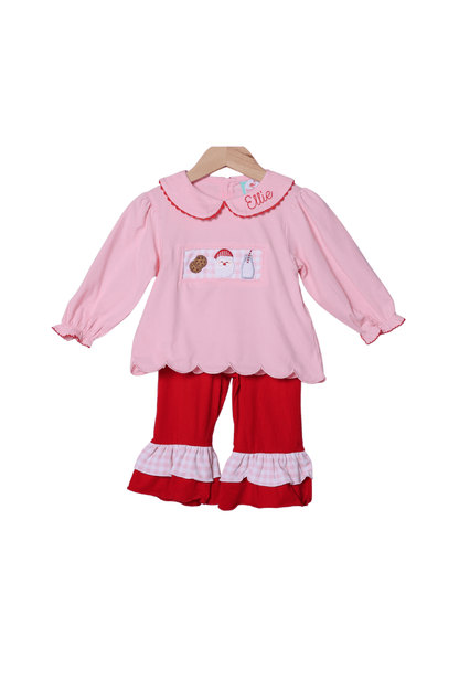 The Smocked Flamingo Apparel & Accessories Applique Santa's Cookies Ruffle Pink and Red Pant Set