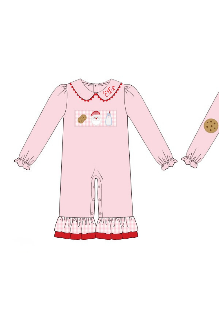 The Smocked Flamingo Apparel & Accessories Applique Santa's Cookies Ruffle Pink and Red Romper
