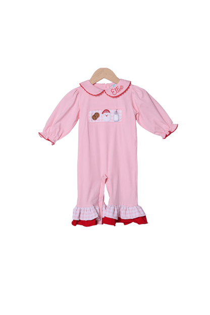 The Smocked Flamingo Apparel & Accessories Applique Santa's Cookies Ruffle Pink and Red Romper