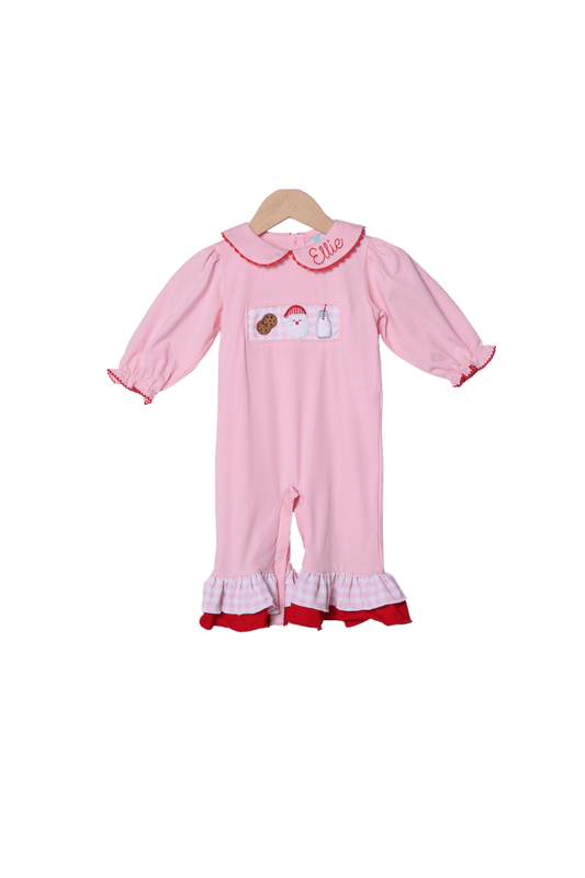 The Smocked Flamingo Apparel & Accessories Applique Santa's Cookies Ruffle Pink and Red Romper