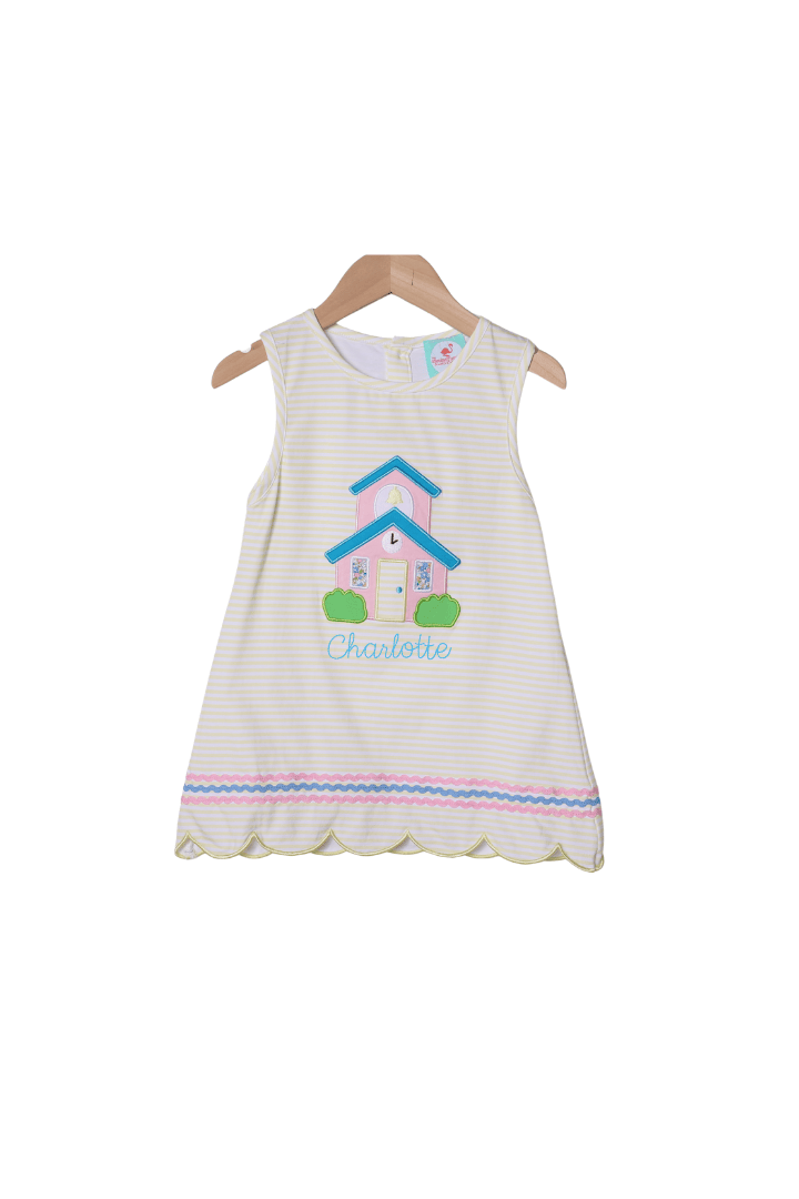 The Smocked Flamingo Apparel & Accessories Applique School House Yellow Stripe Bow Dress