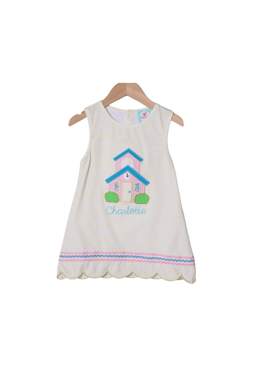 The Smocked Flamingo Apparel & Accessories Applique School House Yellow Stripe Bow Dress