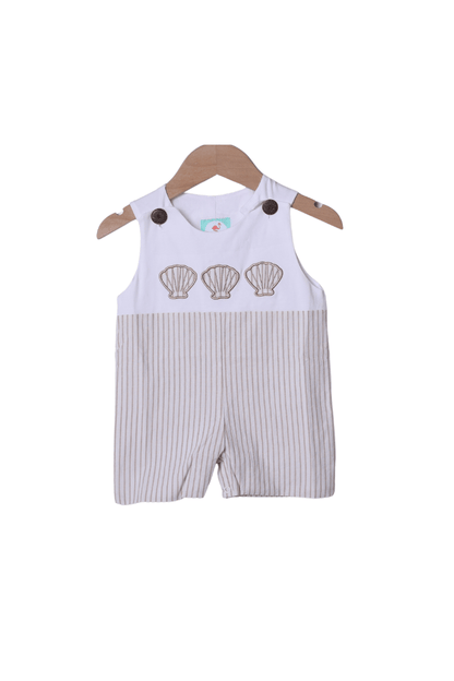 The Smocked Flamingo Apparel & Accessories Applique Sea Shell Khaki Pinstripe Jon Jon