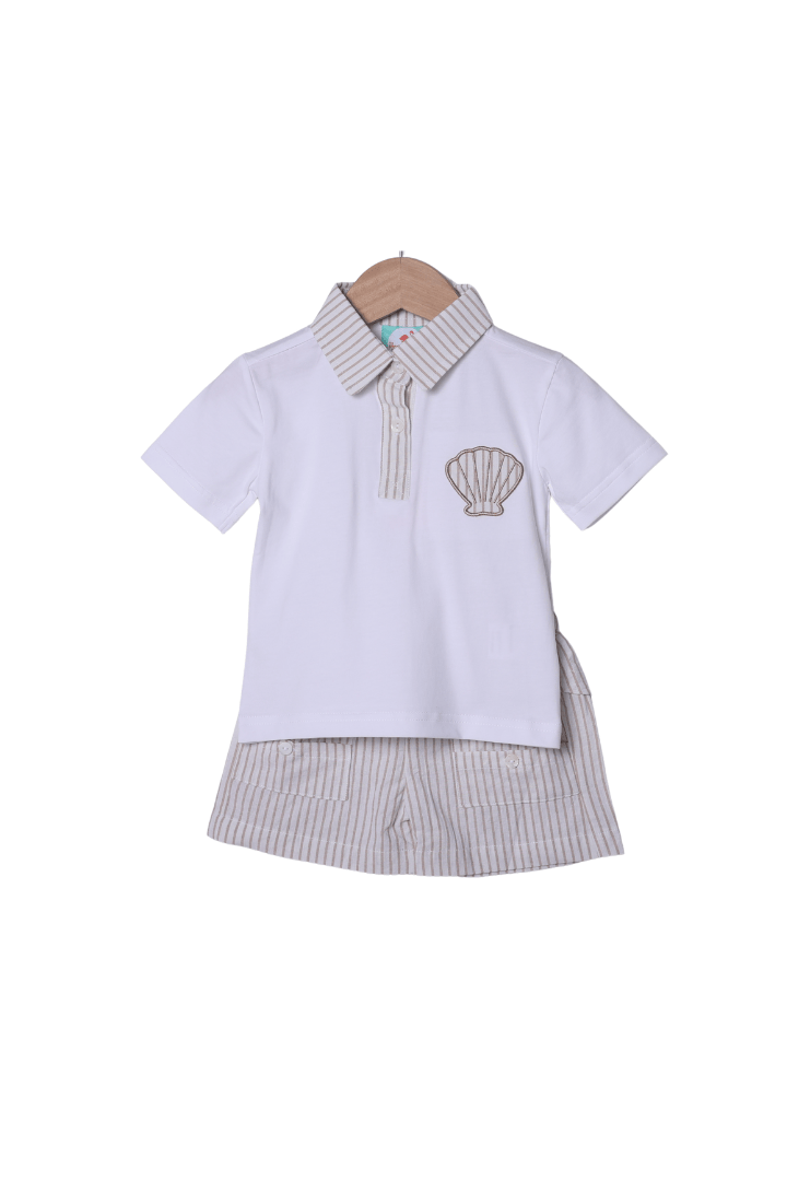 The Smocked Flamingo Apparel & Accessories Applique Sea Shell Khaki Pinstripe Short Set