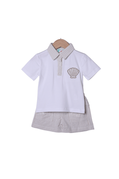 The Smocked Flamingo Apparel & Accessories Applique Sea Shell Khaki Pinstripe Short Set