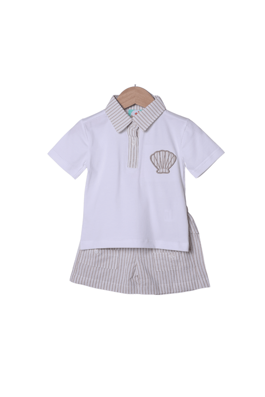 The Smocked Flamingo Apparel & Accessories Applique Sea Shell Khaki Pinstripe Short Set