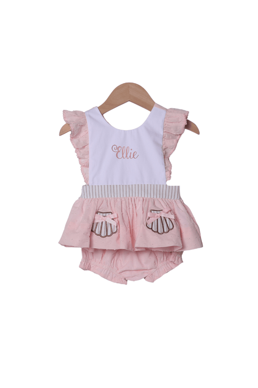 The Smocked Flamingo Apparel & Accessories Applique Sea Shell PInk Swiss Dot Bloomer Set