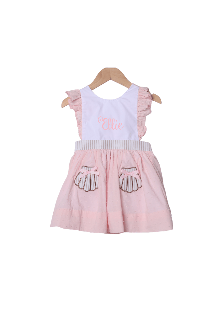 The Smocked Flamingo Apparel & Accessories Applique Sea Shell PInk Swiss Dot Dress