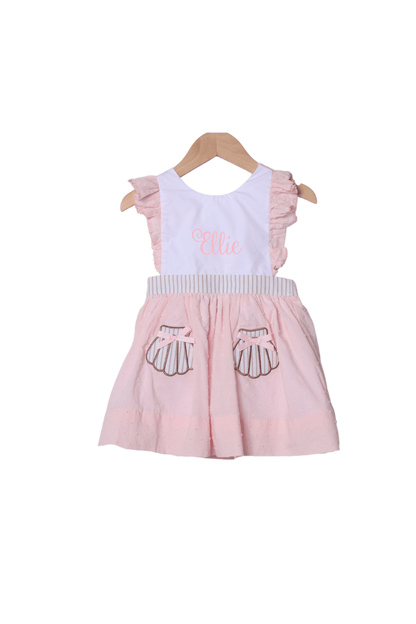 The Smocked Flamingo Apparel & Accessories Applique Sea Shell PInk Swiss Dot Dress