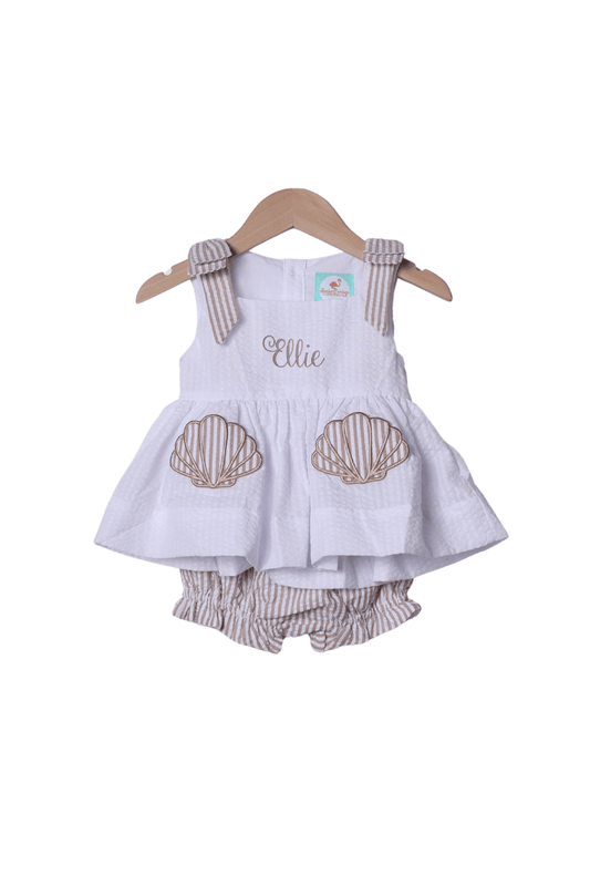 The Smocked Flamingo Apparel & Accessories Applique Sea Shell Seersucker Bow Bloomer Set