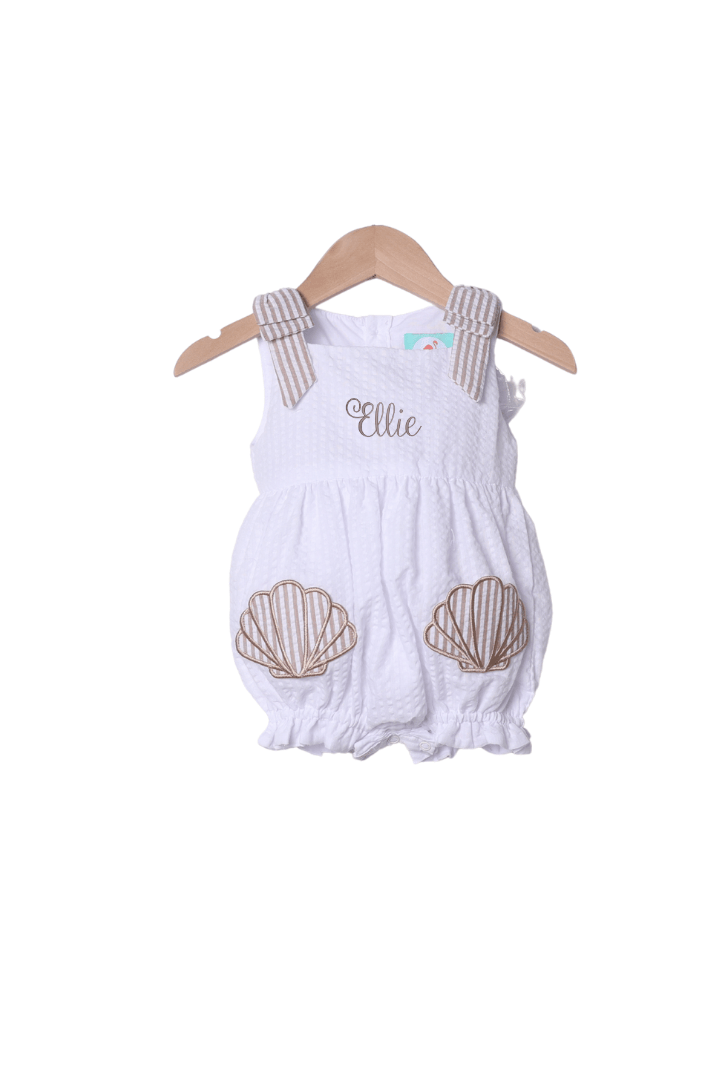 The Smocked Flamingo Apparel & Accessories Applique Sea Shell Seersucker Bow Bubble