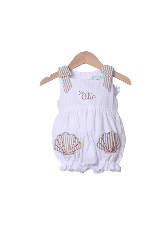 The Smocked Flamingo Apparel & Accessories Applique Sea Shell Seersucker Bow Bubble