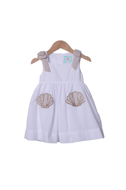 The Smocked Flamingo Apparel & Accessories Applique Sea Shell Seersucker Bow Dress