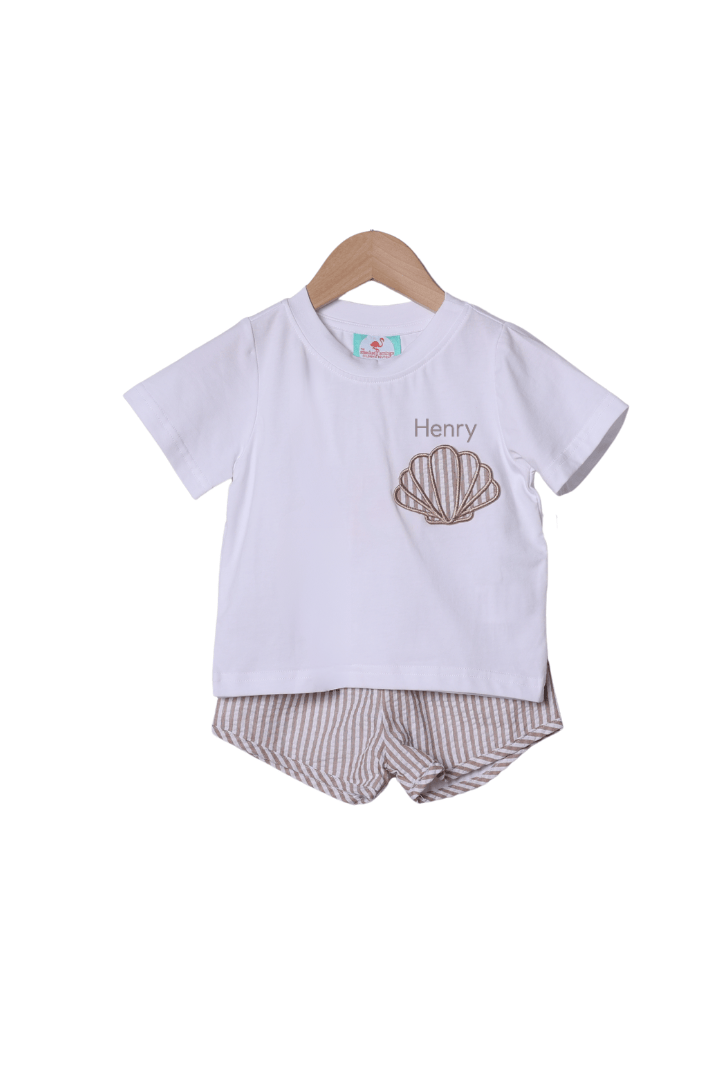 The Smocked Flamingo Apparel & Accessories Applique Sea Shell Seersucker Short Set