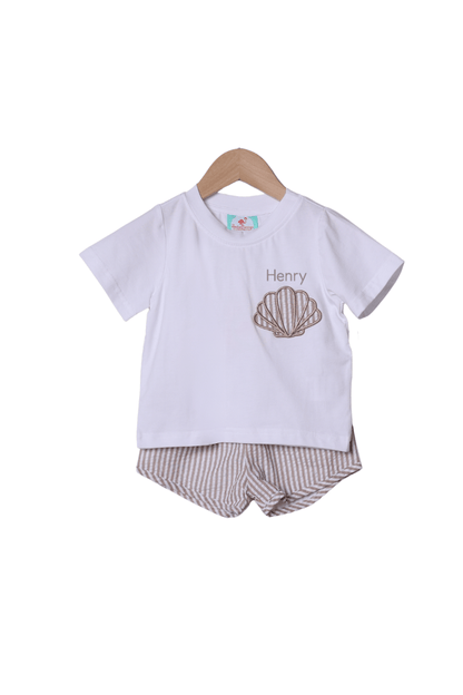 The Smocked Flamingo Apparel & Accessories Applique Sea Shell Seersucker Short Set