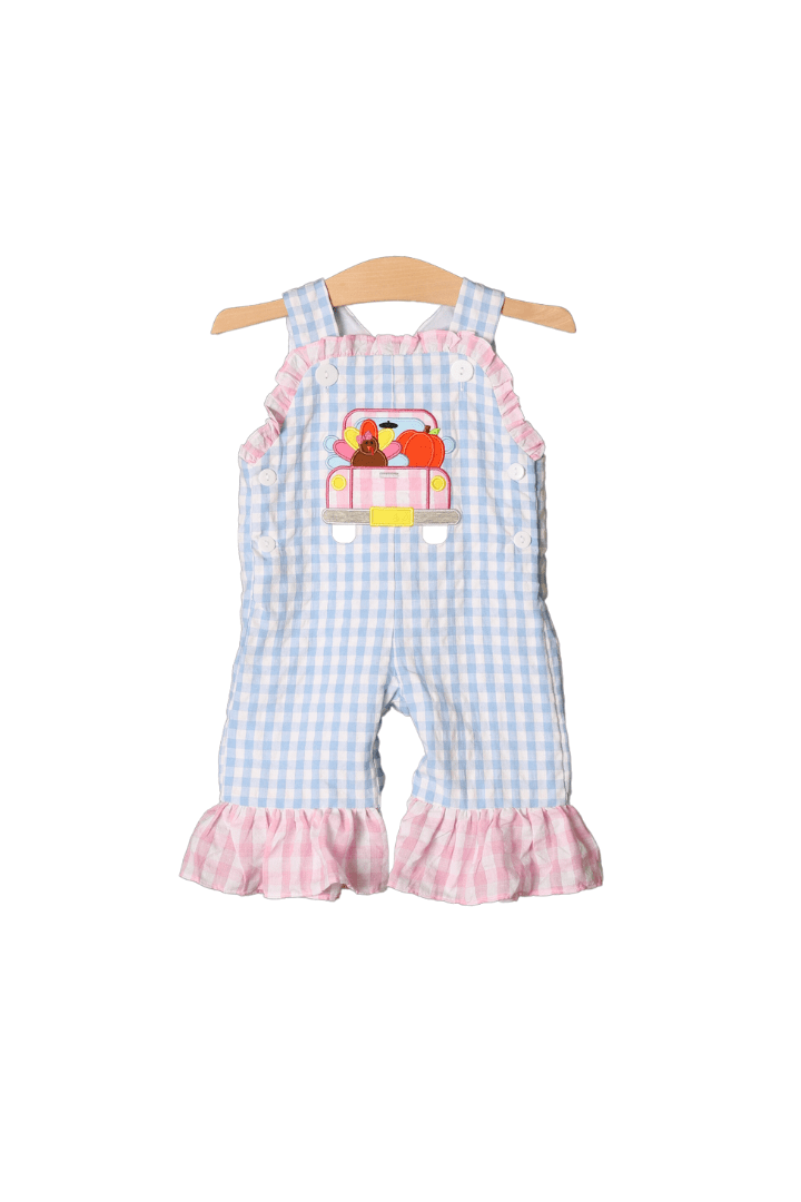 The Smocked Flamingo Apparel & Accessories Applique Seersucker Gingham Turkey Truck Romper