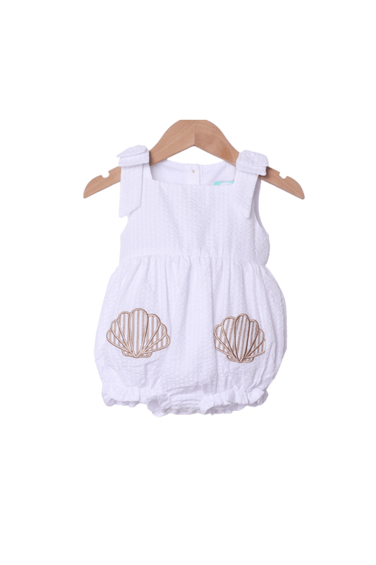 The Smocked Flamingo Apparel & Accessories Applique Shell White/Khaki Seersucker Bubble