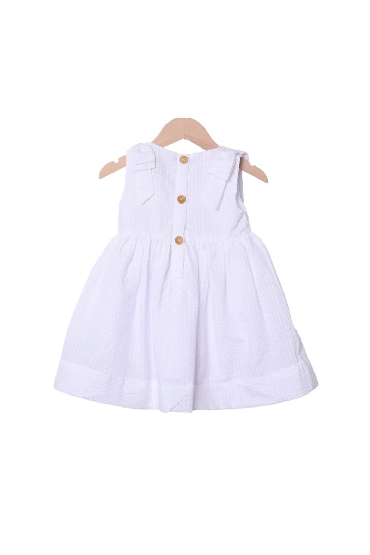 The Smocked Flamingo Apparel & Accessories Applique Shell White/Khaki Seersucker Dress