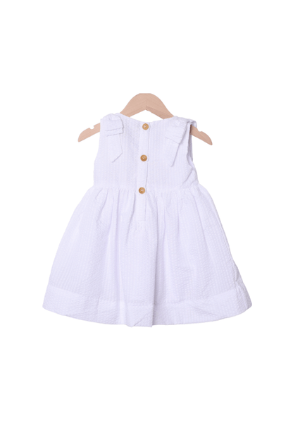 The Smocked Flamingo Apparel & Accessories Applique Shell White/Khaki Seersucker Dress