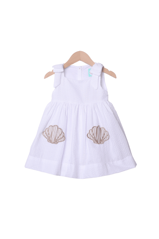 The Smocked Flamingo Apparel & Accessories Applique Shell White/Khaki Seersucker Dress