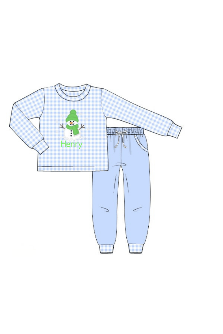 The Smocked Flamingo Apparel & Accessories Applique Snowman Blue Gingham Jogger Set