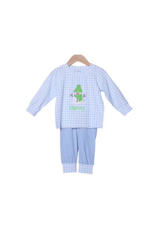 The Smocked Flamingo Apparel & Accessories Applique Snowman Blue Gingham Jogger Set
