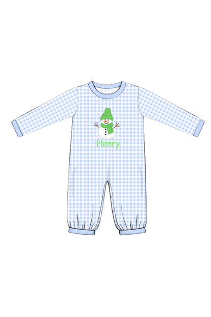 The Smocked Flamingo Apparel & Accessories Applique Snowman Blue Gingham Romper